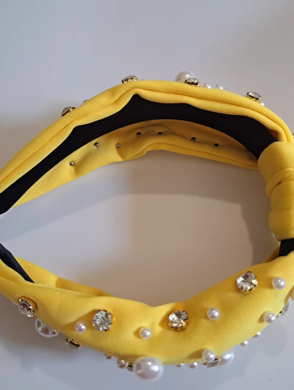 Yellow Faux Pearl & Rhinestone Knotted Headband - Wide, Solid Color